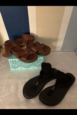 Women’s Sandal Bundle: Fly London Brown Leather Platforms & Sanuk Yoga Slings Si